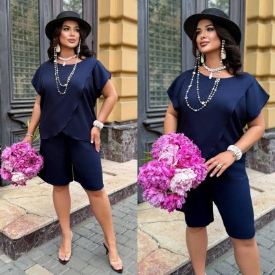 Костюм двійка з крепсофту темно-синій №257350